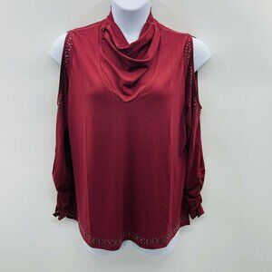 Belldini Womens Plus Size 1X Studded Cold Shoulder Top Redwood Pewter $80 588